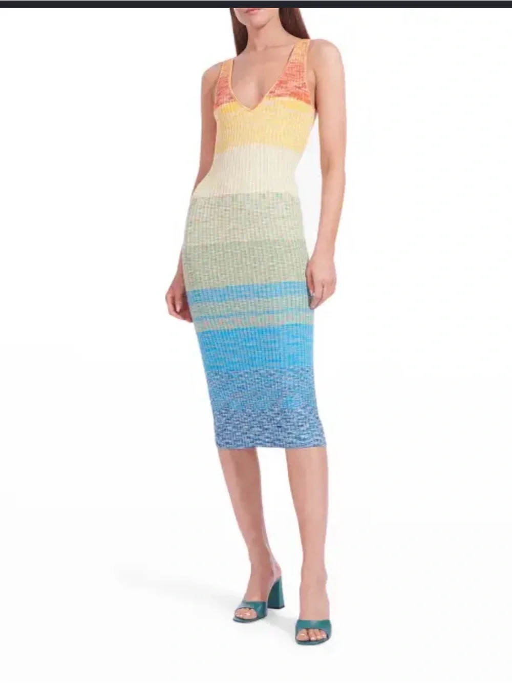 STAUD Multicolor Gradient Stripe Knit Midi Dress — Yellow, Green, Blue - Picture 1 of 4